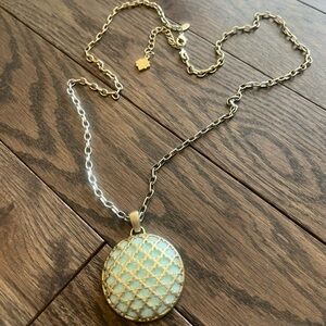 Vintage Kiam Family matte gold lattice style costume jewelry pendant with chain
